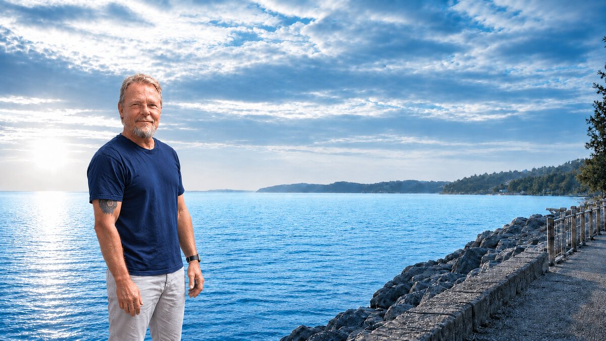Michael Agee standing beside bright blue water beneath a clouded sky