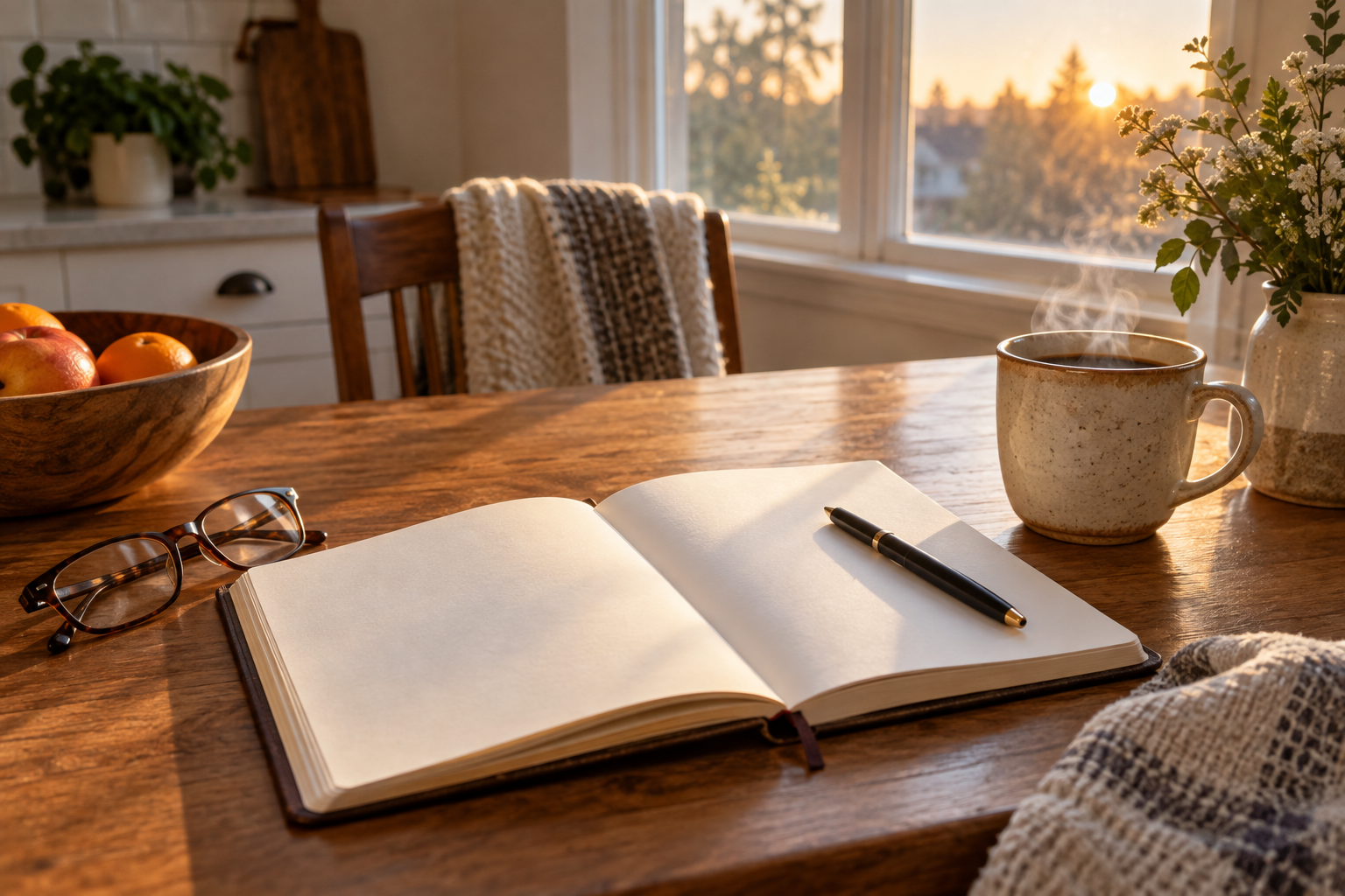 An open journal, pen, reading glasses, and coffee on a sunlit kitchen table