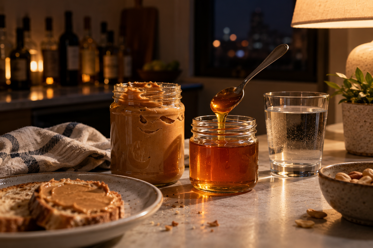 Peanut butter and honey on the kitchen counter late at night